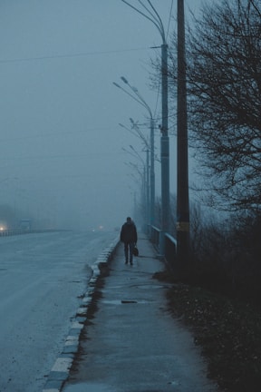 A solitary figure walking through a bustling city street.