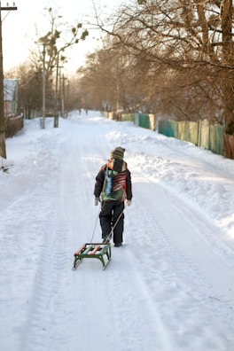 A young child confidently steering their own sled through a snowy forest path.