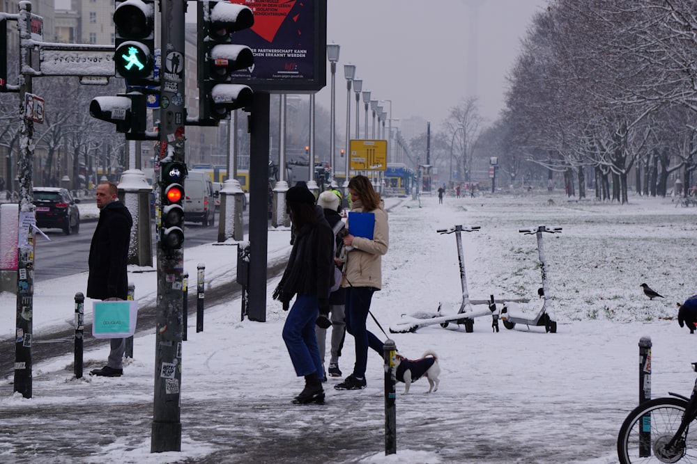 um grupo de pessoas andando por uma rua coberta de neve