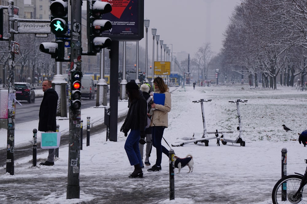 a group of people walking down a snow covered street