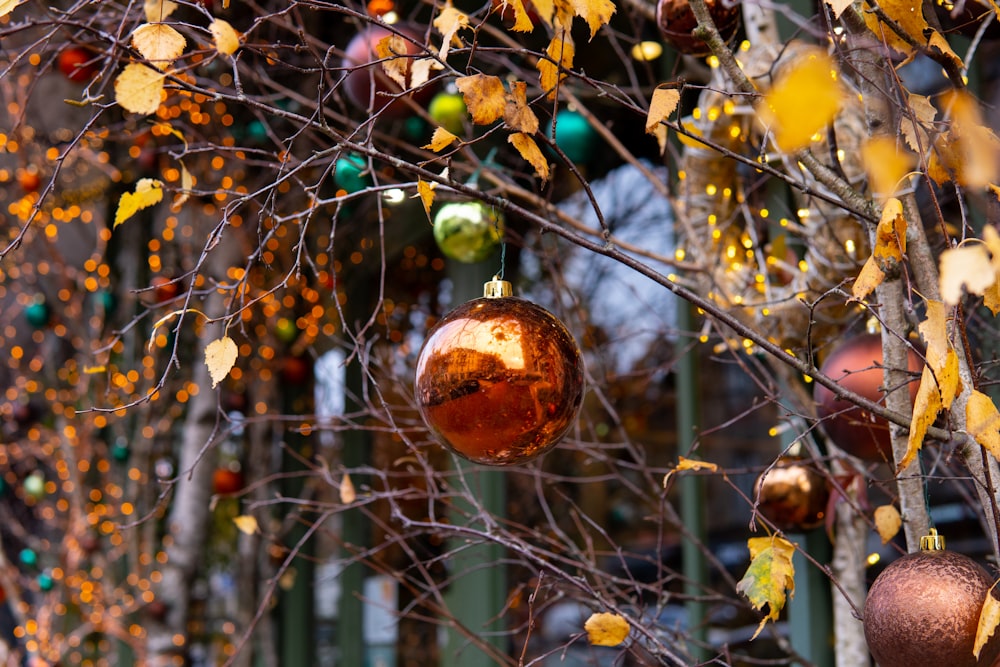 a bunch of ornaments hanging from a tree