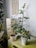 A soft wool wall hanging displayed above a wooden side table with plants.