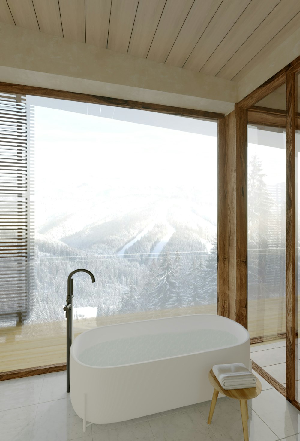 uma grande banheira branca sentada em um banheiro ao lado de uma janela