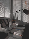Single room desk space with a lamp and a small plant.