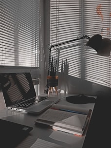 A calm workspace with a laptop, notebook, and soft green plant in natural light.