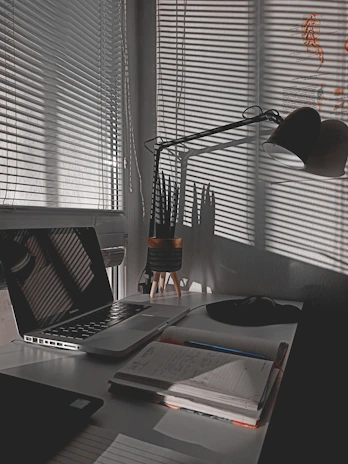 Workspace with soft lighting, open notebook, and a plant enhancing the calm atmosphere.