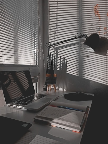 A serene workspace with a laptop, notebook, and a small plant beside a softly lit window, evoking calm focus.