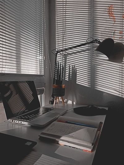 A serene workspace with soft natural light filtering through a window, featuring a laptop, a notebook, and a small plant.