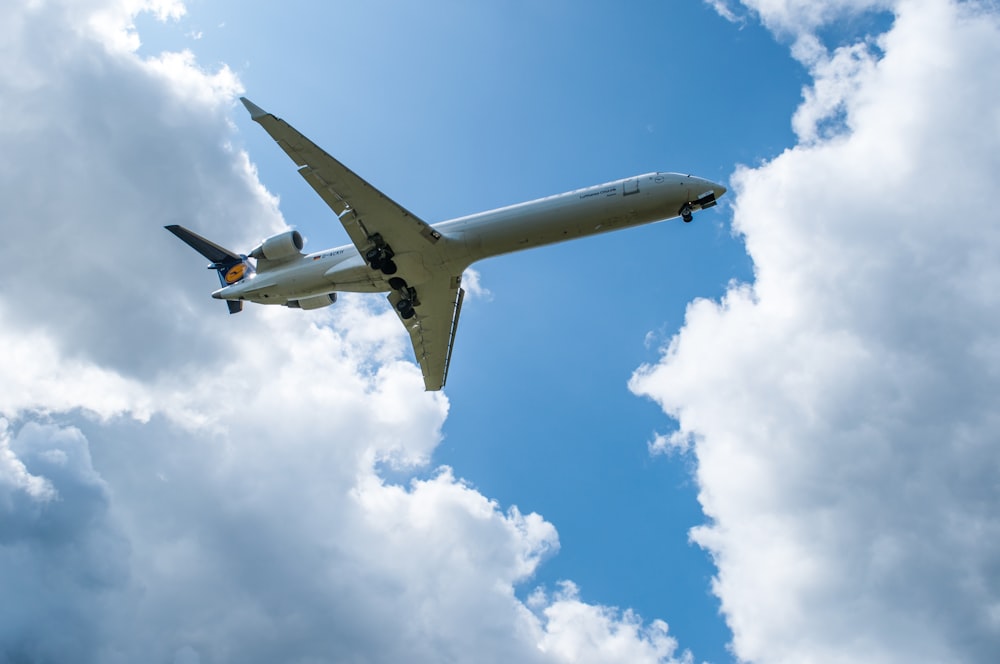 an airplane flying in the sky with a lot of clouds