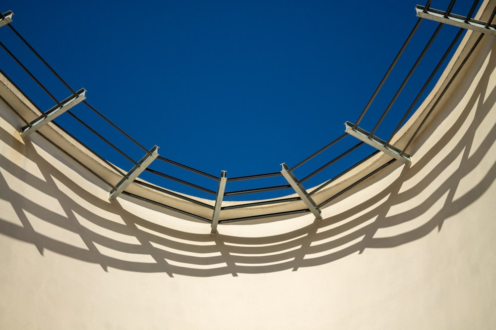 a view of the top of a building from below