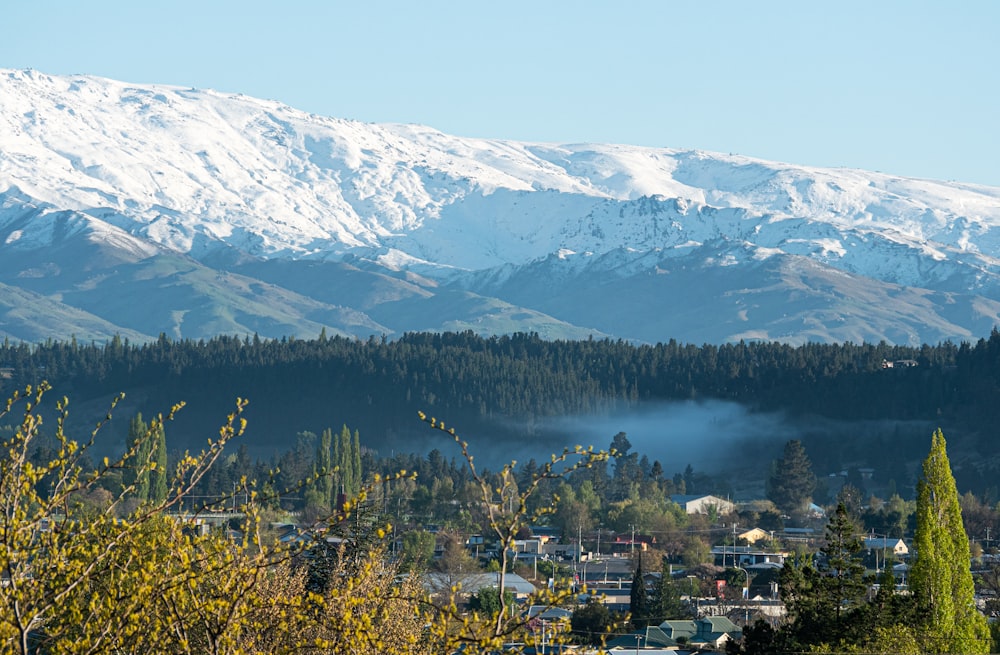 a view of a snow covered mountain range