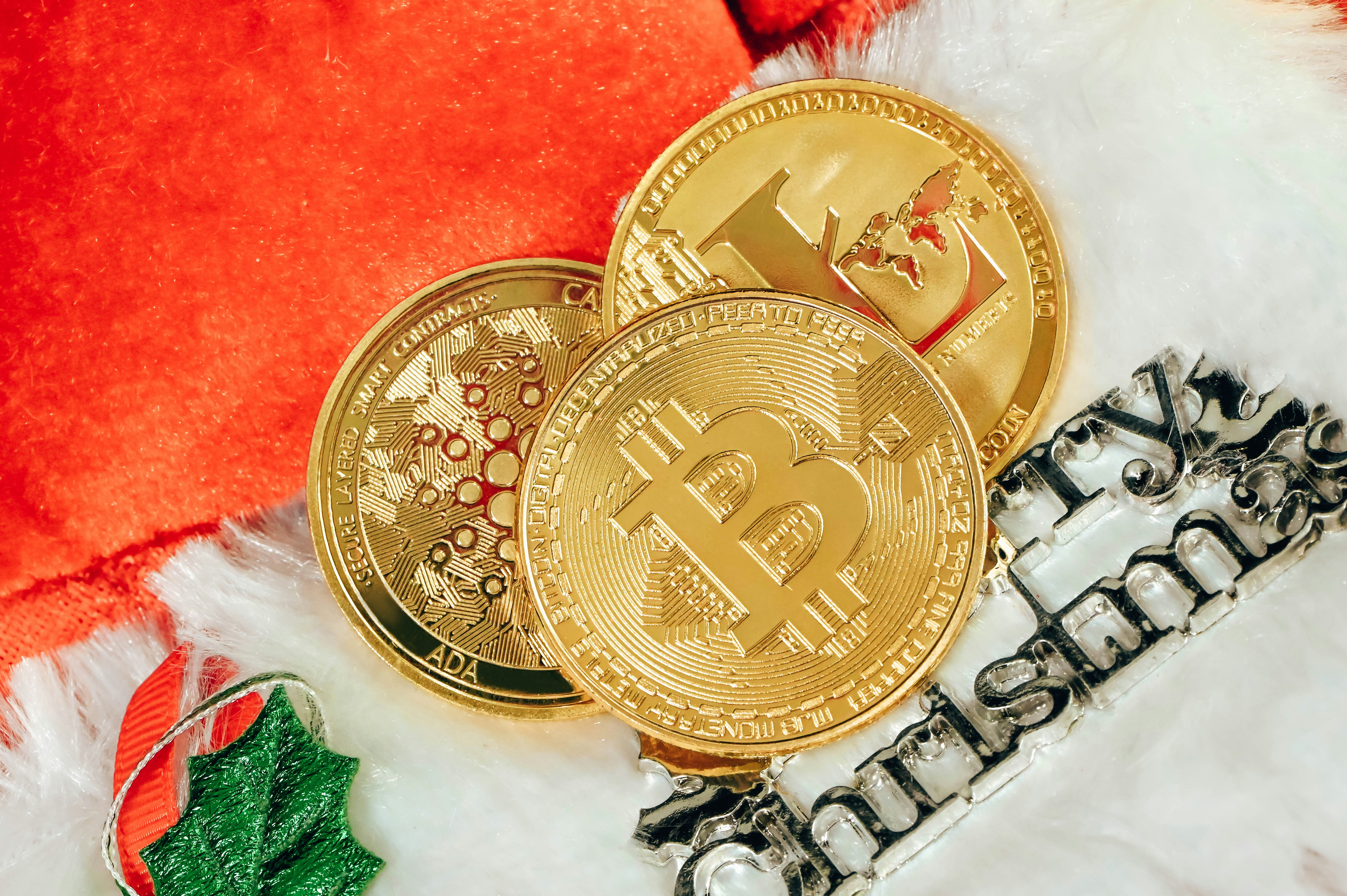 Bitcoin, Litecoin, and Cardano coin on top of a Christmas sign