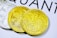 Three cryptocurrency coins are placed on a surface. The forefront coin is gold with a detailed circuit-like pattern and inscriptions. The coin in the background is silver, featuring similar intricate designs. A portion of a word starting with 'QUANT' is visible in the top background.