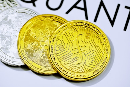Three cryptocurrency coins are placed on a surface. The forefront coin is gold with a detailed circuit-like pattern and inscriptions. The coin in the background is silver, featuring similar intricate designs. A portion of a word starting with 'QUANT' is visible in the top background.