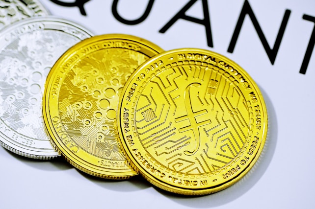 Three cryptocurrency coins are placed on a surface. The forefront coin is gold with a detailed circuit-like pattern and inscriptions. The coin in the background is silver, featuring similar intricate designs. A portion of a word starting with 'QUANT' is visible in the top background.