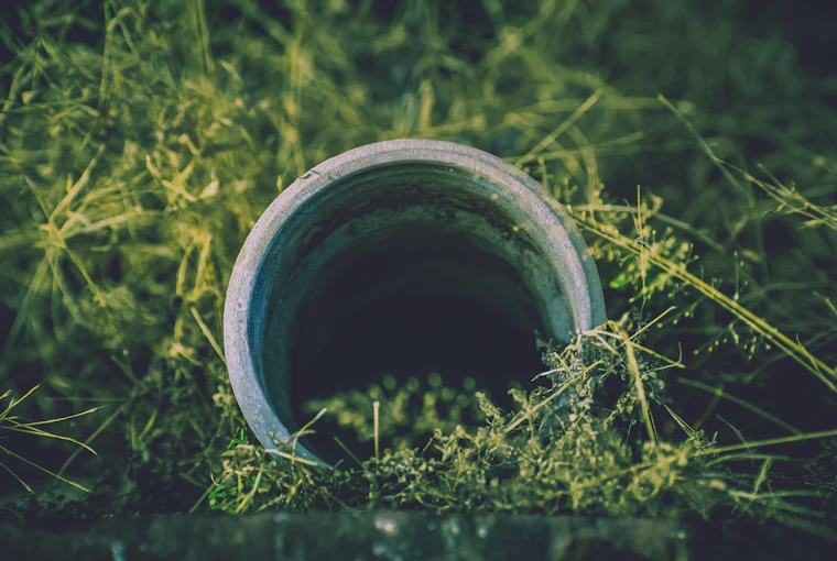 A pipe access opening set into a grassy yard