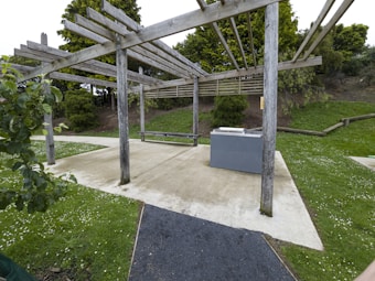 A wooden pergola structure located in a park setting. There is a concrete pathway with surrounding grass and small white flowers. Bushes and trees are in the background. A gray barbecue unit is positioned under the pergola.