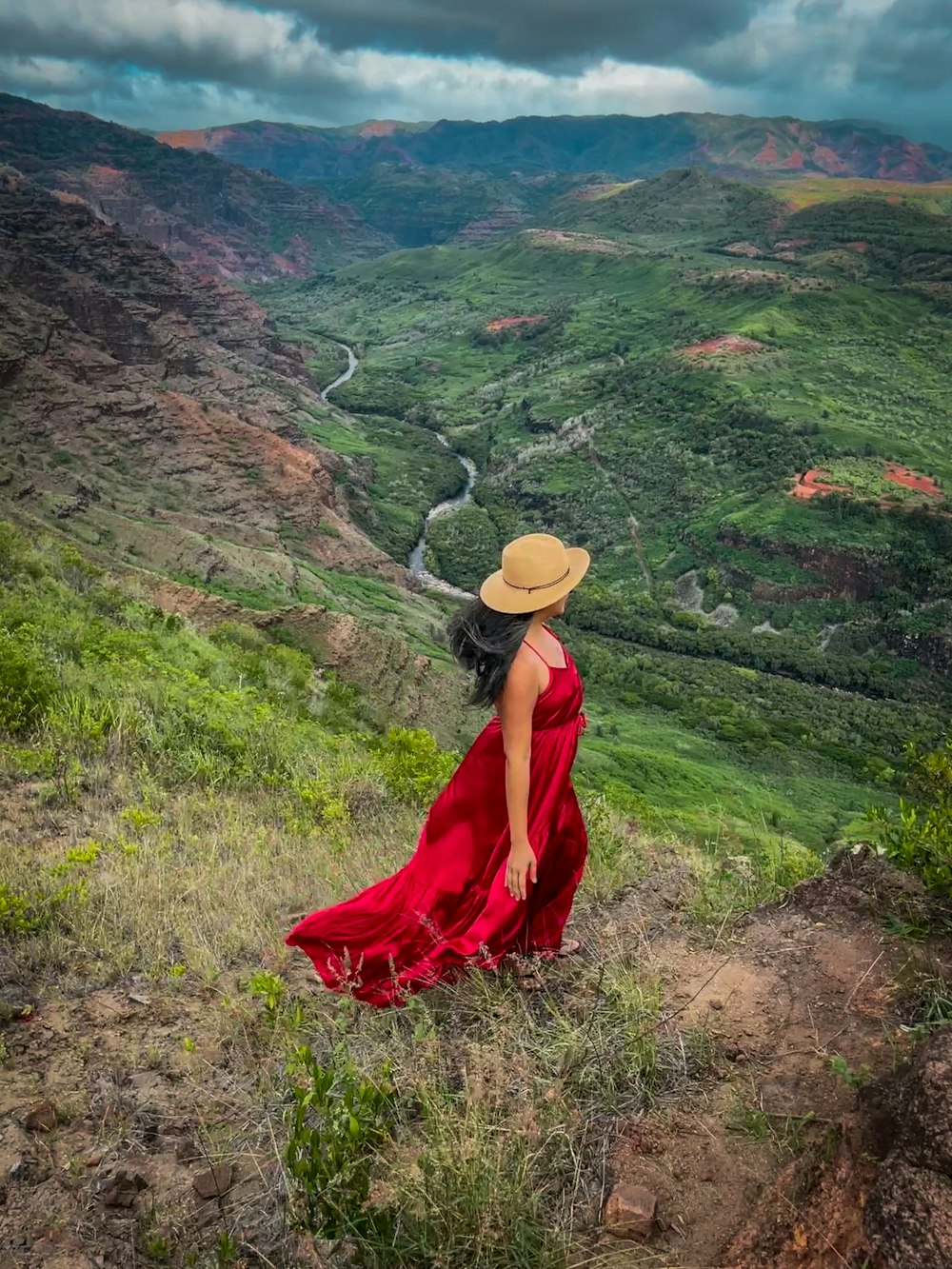 Una mujer con un vestido rojo y un sombrero de pie en una colina