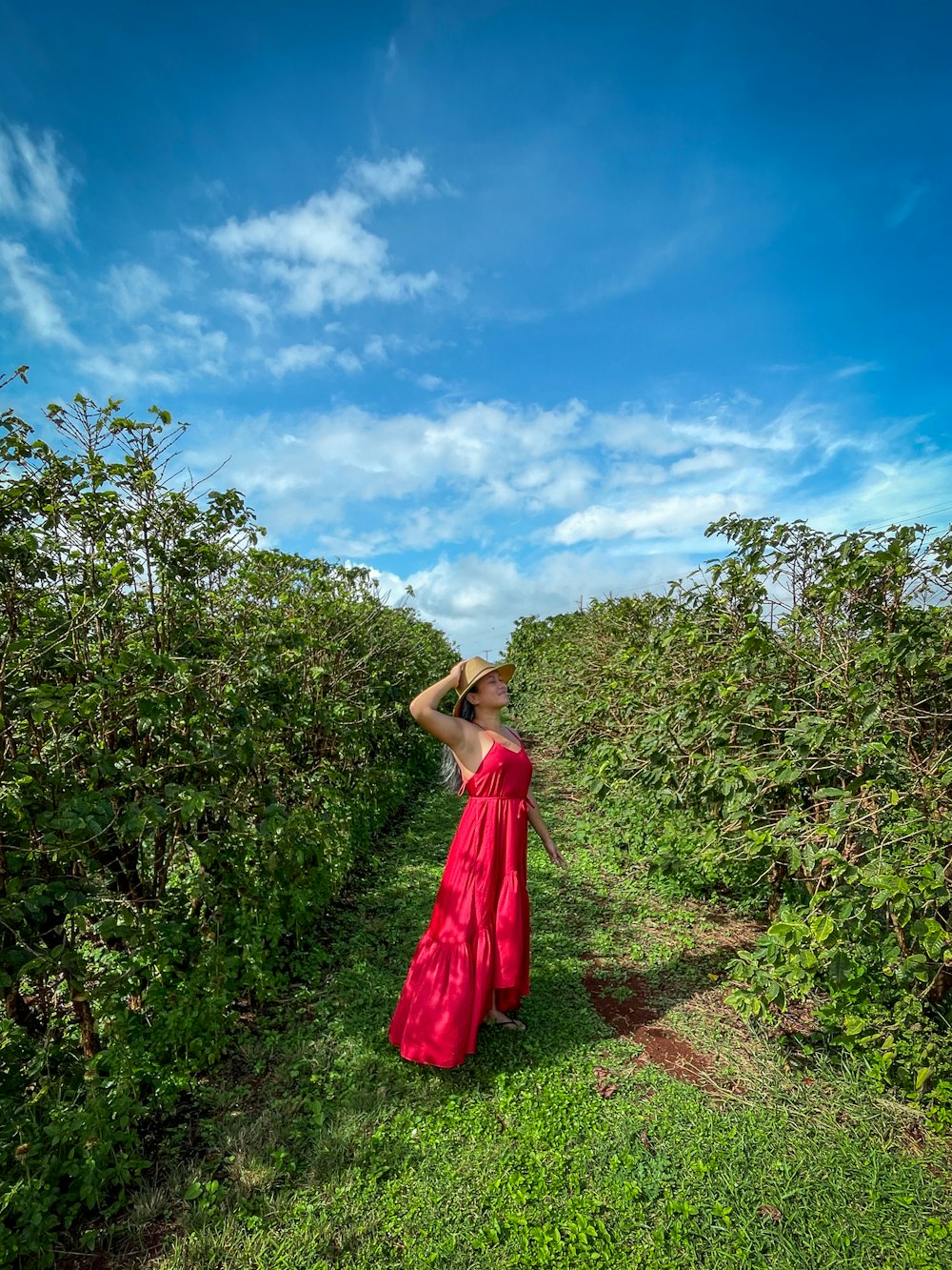 uma mulher em um vestido vermelho em pé em um campo