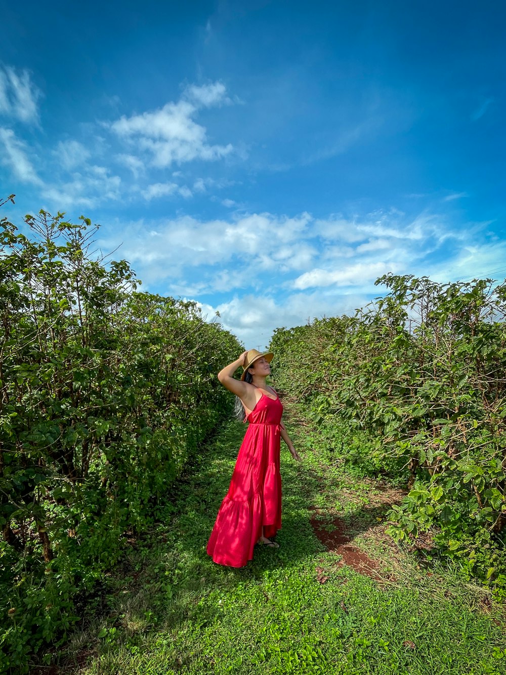 a woman in a red dress standing in a field