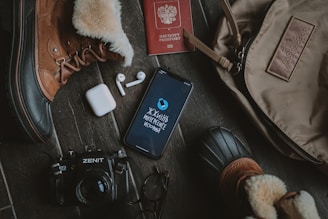 a pair of shoes, a passport, a camera, and a pair of ear