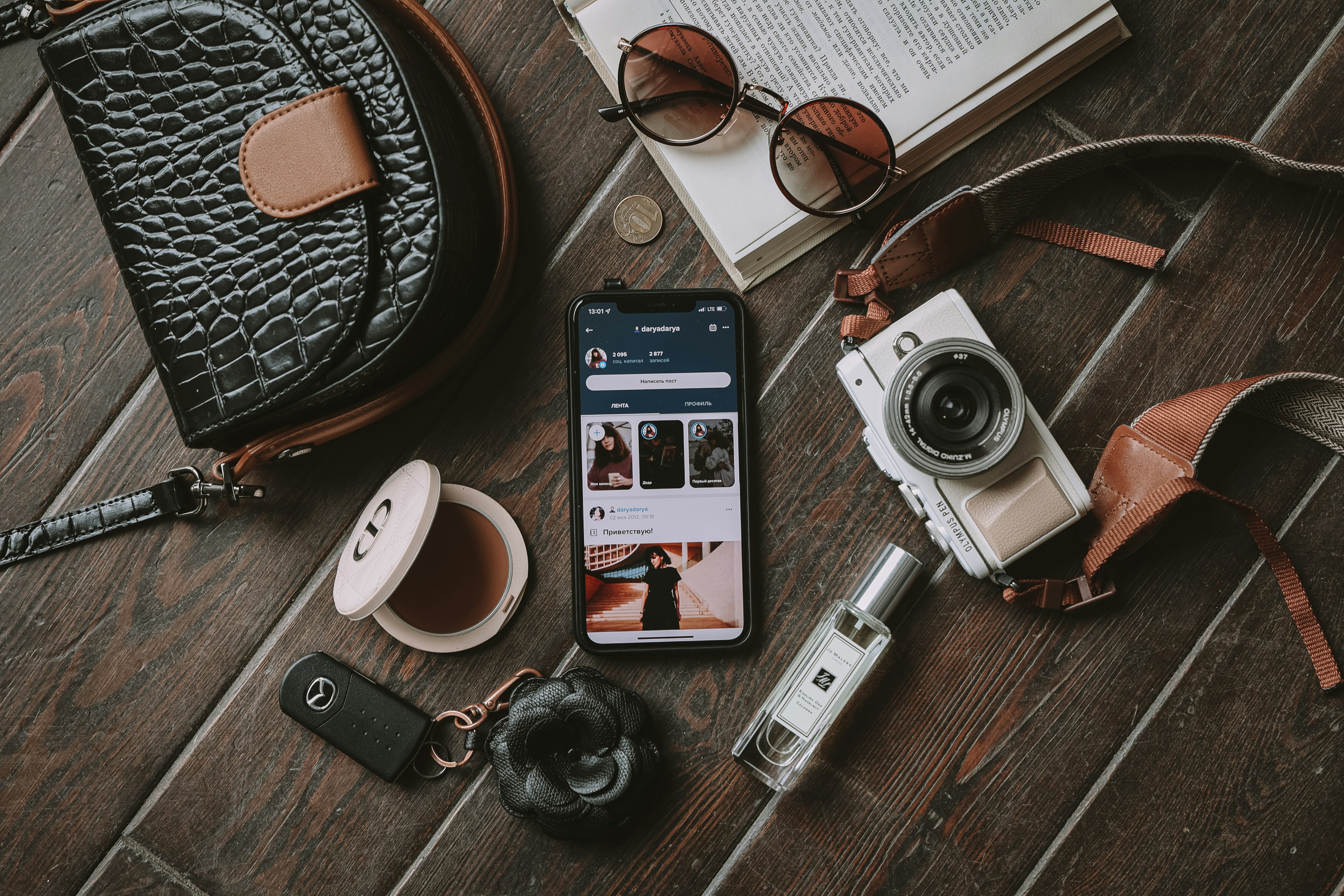 a camera, a book, a camera, and some other items on a table