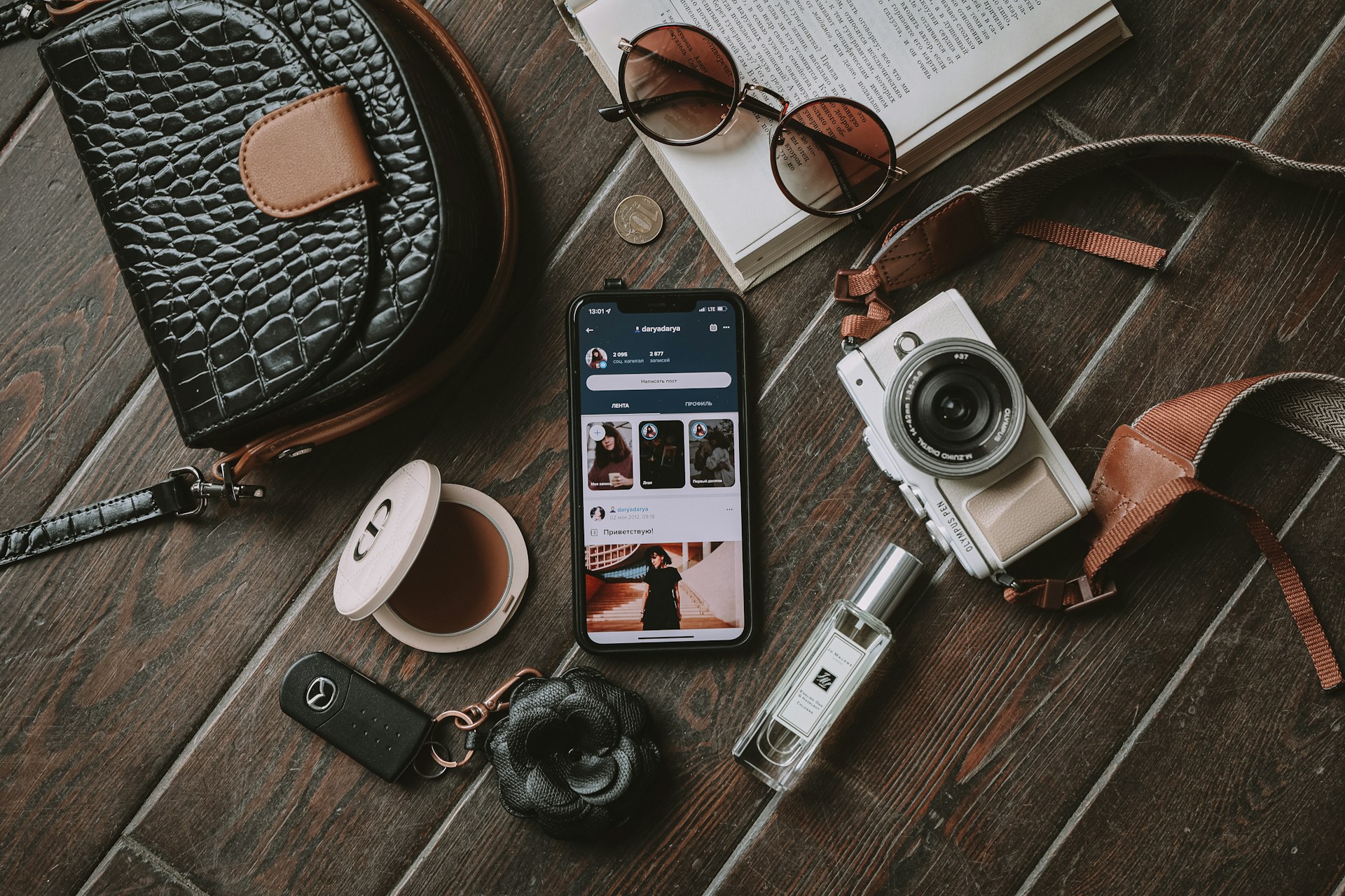 a camera, a book, a camera, and some other items on a table