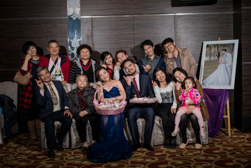 A family gathered together at a wedding celebration
