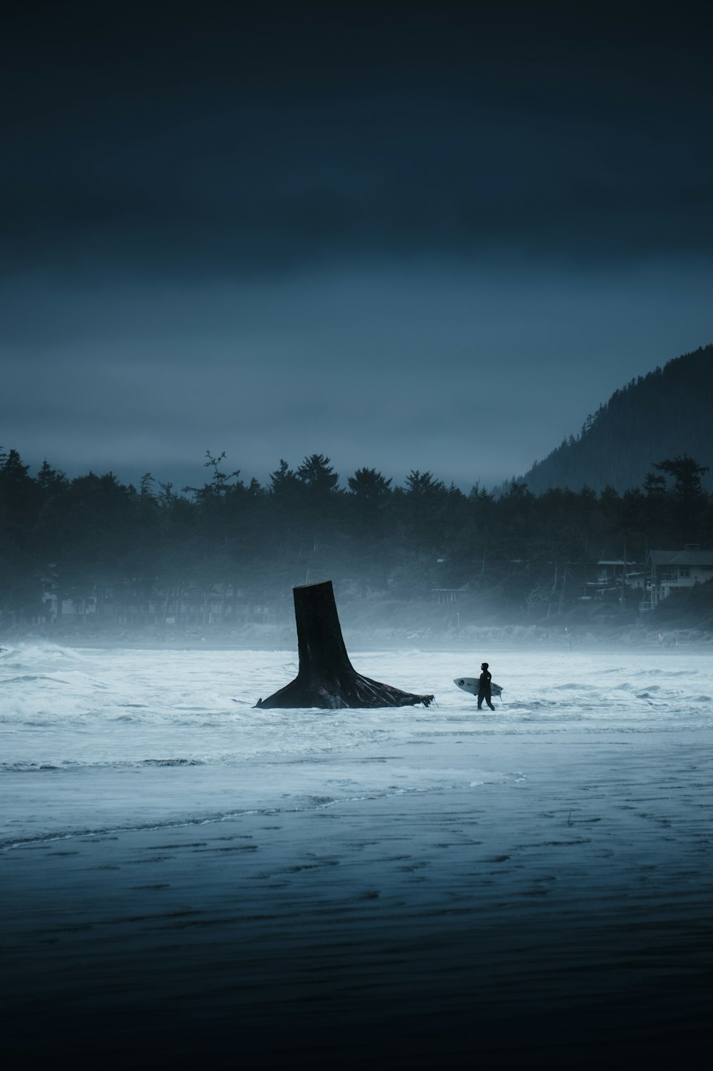 a person standing in the water with a surfboard