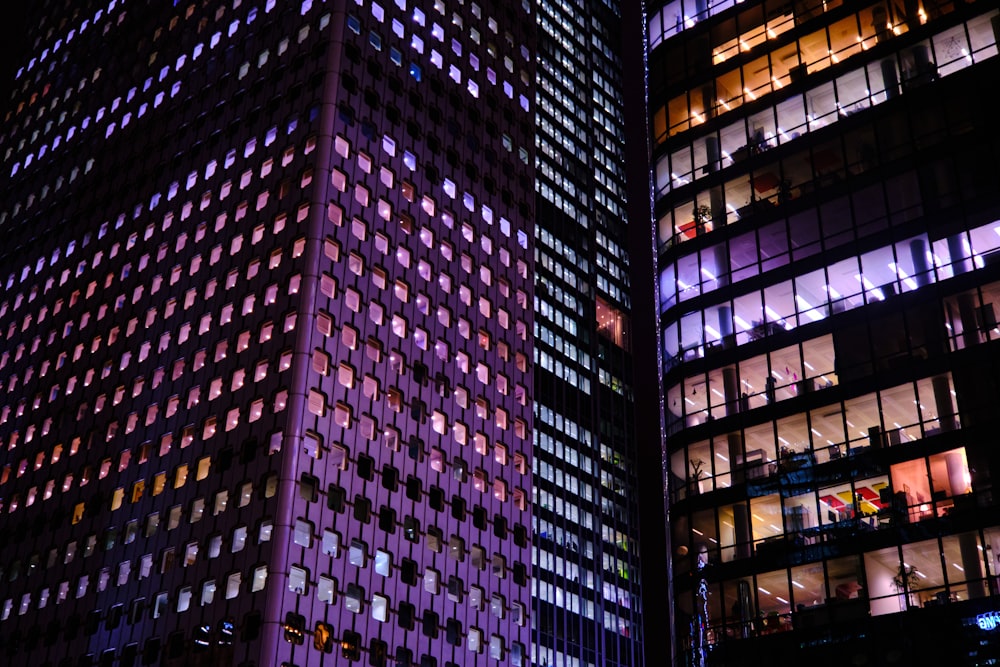 a very tall building lit up at night