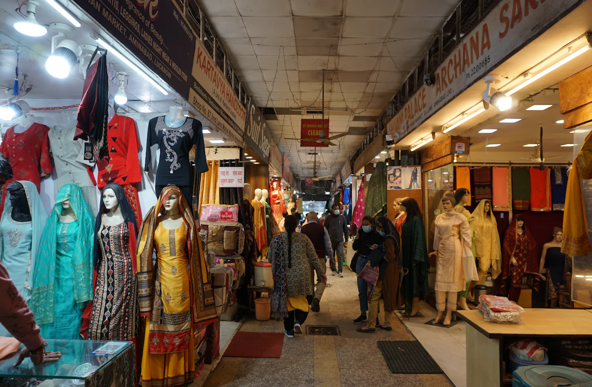 A clothing store filled with mannequins in Aminabad Market, Lucknow, India