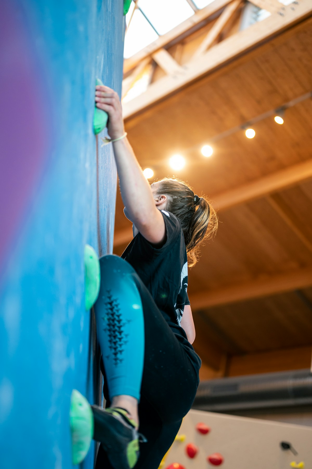 Person with a ponytail on a blue rock climbing wall with green rocks.  Left leg is hiked up on a rock and left hand reaching up.  They wear black tshirt and black leggings with blue shins.  Wood ceiling above.  They look up for the next rock.