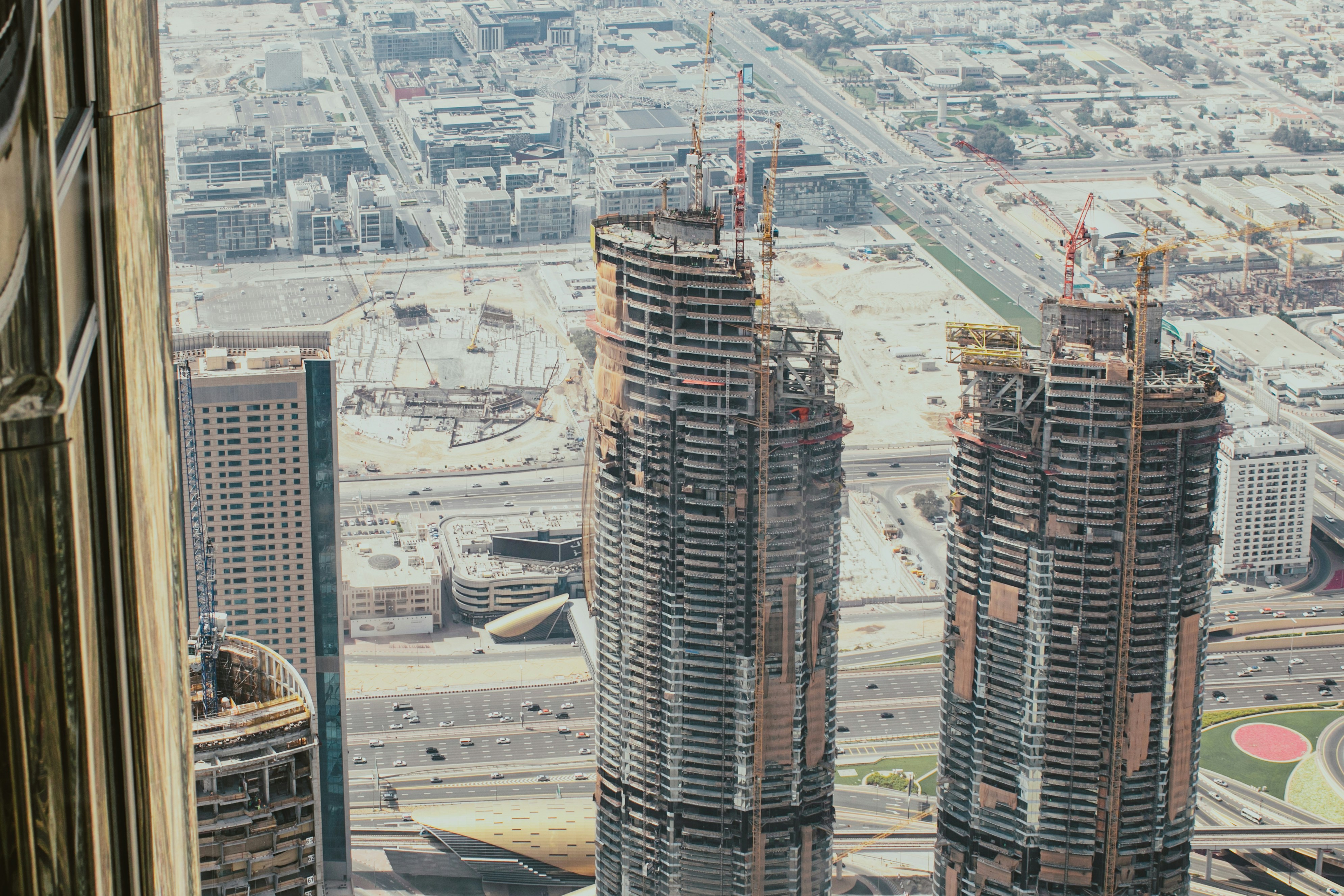 Bird view skyscrapers building construction in Dubai history