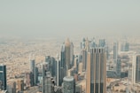 An aerial view of a modern city skyline with financial districts.