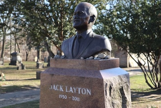 A bronze bust of a man is mounted on a polished stone pedestal with an engraved name and dates. Small stones are placed on top of the pedestal. The setting appears to be a cemetery or memorial park with trees and grave markers visible in the background.