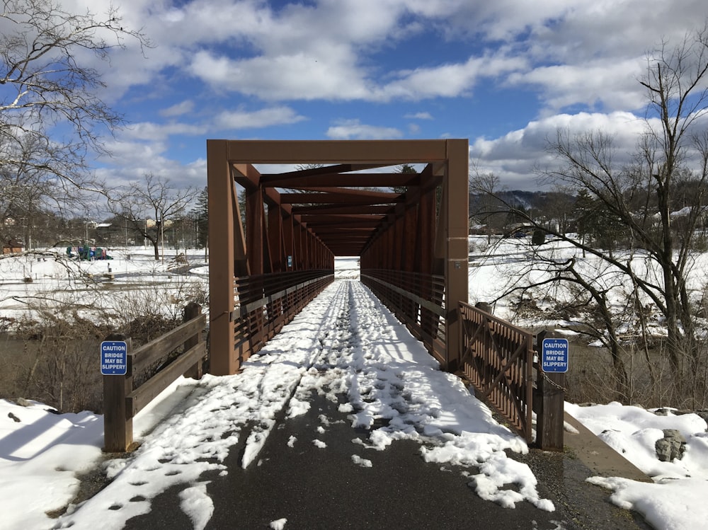 地面に雪が積もった橋