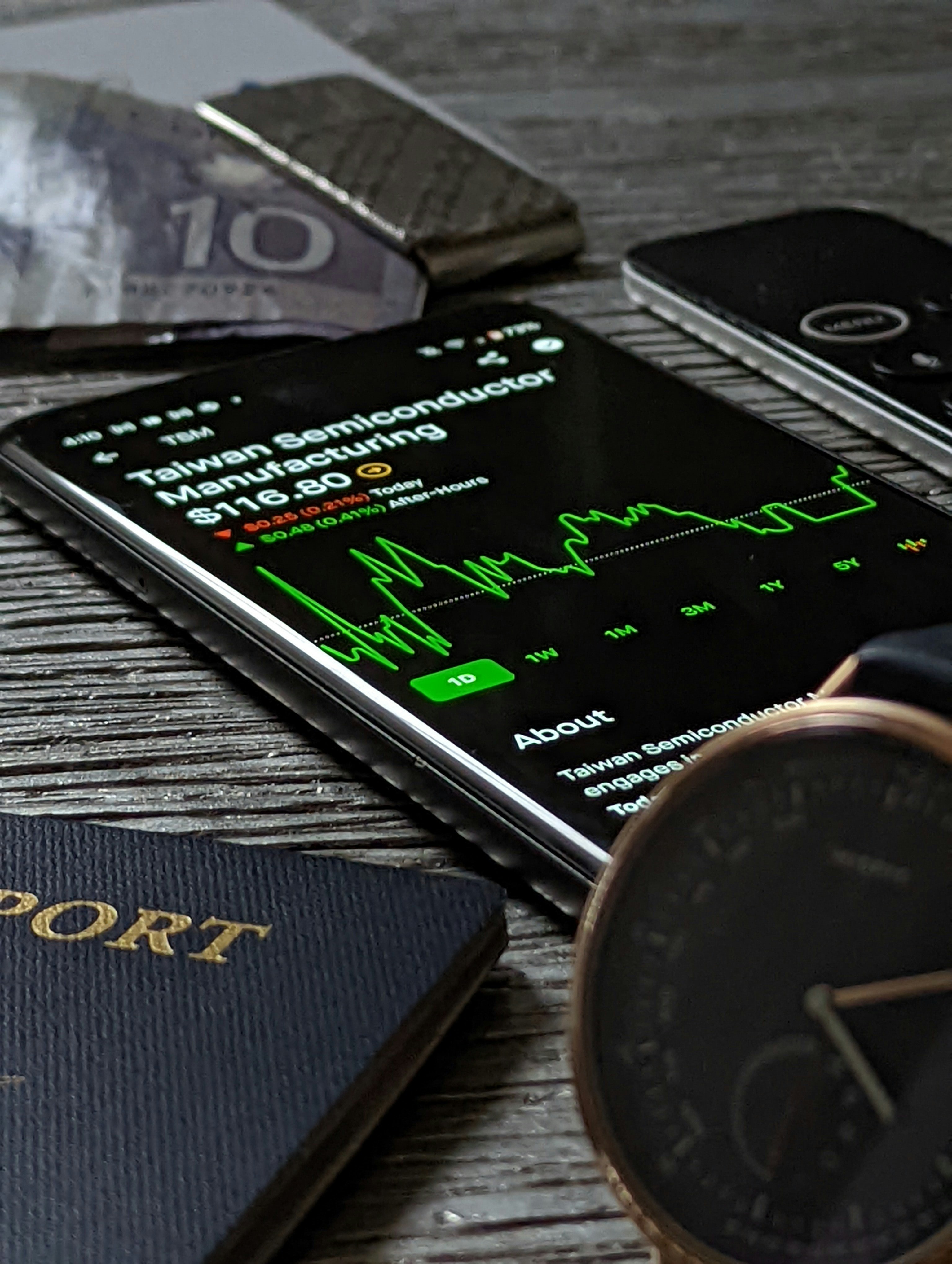 Blockchain Trading Application Displays Information for Taiwan Semiconductor, American Passport, Misfit Watch, Apple TV Remote, and Money Clip with Canadian Money.