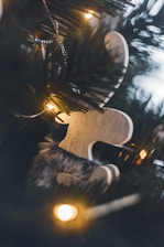 Close-up of a handmade wooden ornament with natural textures and soft lighting.