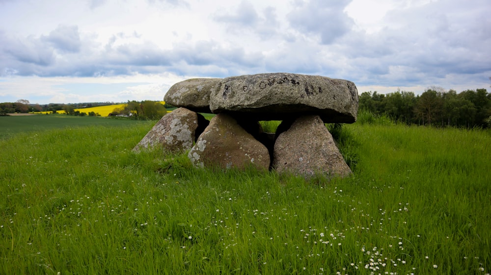 a large rock sitting on top of a lush green field