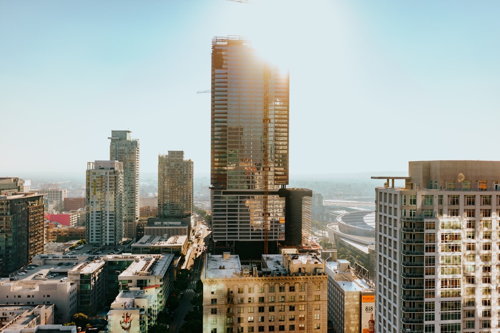 a view of a city with tall buildings