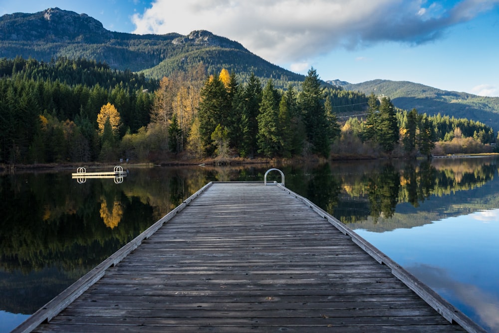 a dock on a lake with mountains in the background