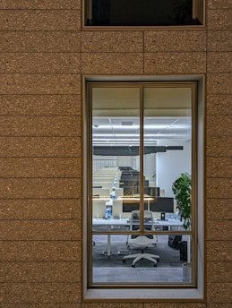 a view of an office building through a window