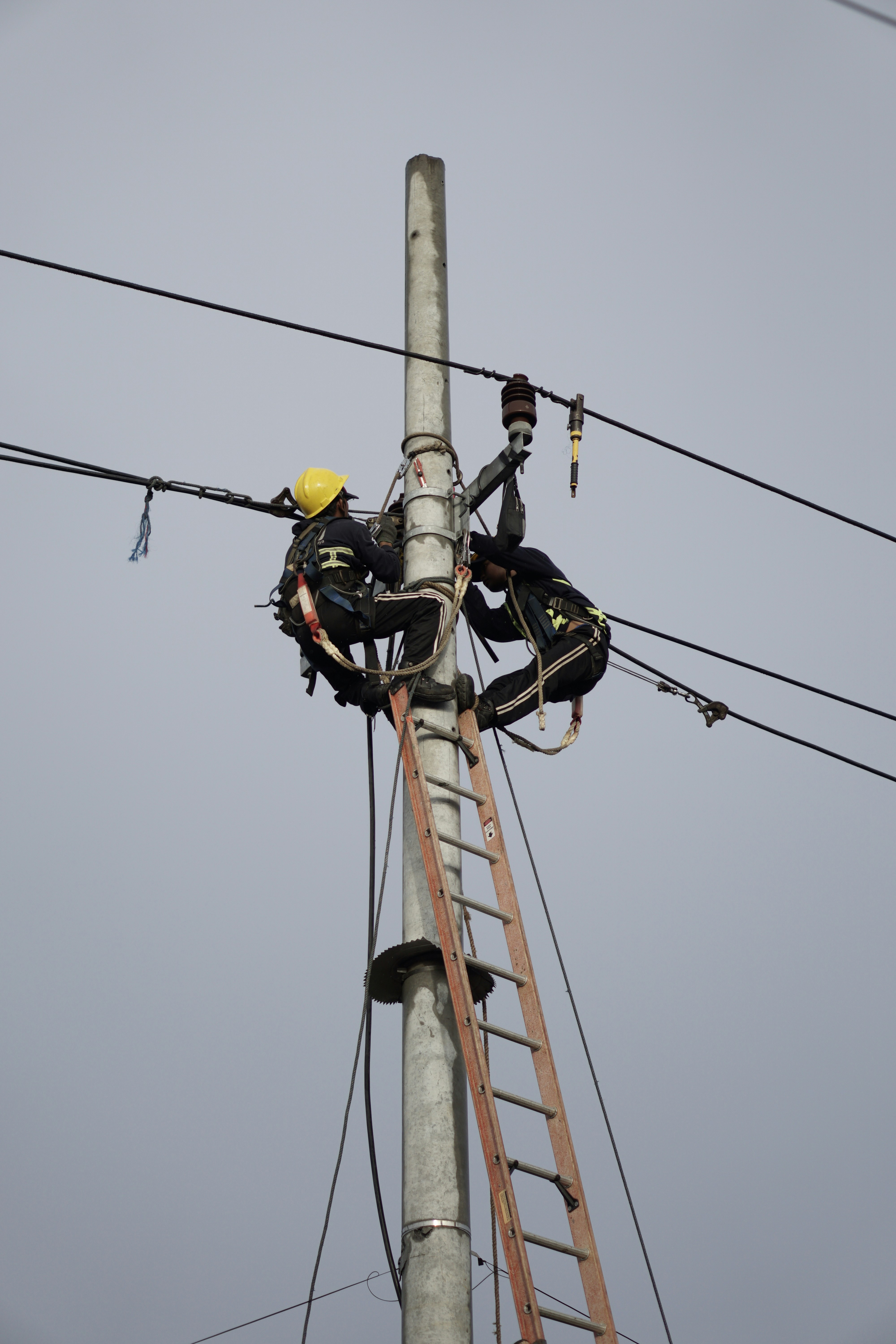 a man on a ladder working on a power pole