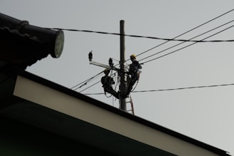 a power line with a man on a ladder working on it