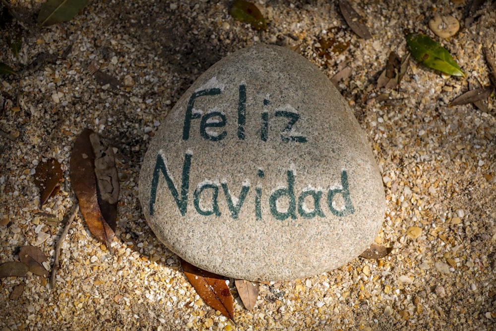 a rock with the word feliz navidad written on it