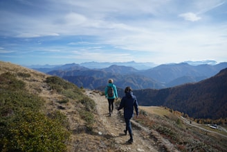 a couple of people that are walking down a hill