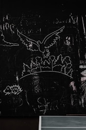A blackboard filled with white chalk drawings. There is a large bird in flight at the top center, above a rounded land mass with trees. To the left, there is a small animal figure resembling a hedgehog. Various scribbles and faint drawings are spread across the entire black surface.