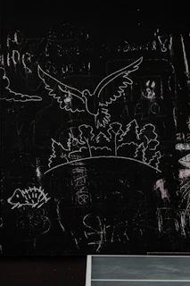 An animated chalkboard quiz with colorful drawings and interactive elements for young learners.