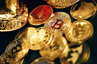 Bright illustration of various cryptocurrency coins in a digital network.