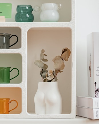A minimalist shelf displaying curated ceramics and delicate plants.